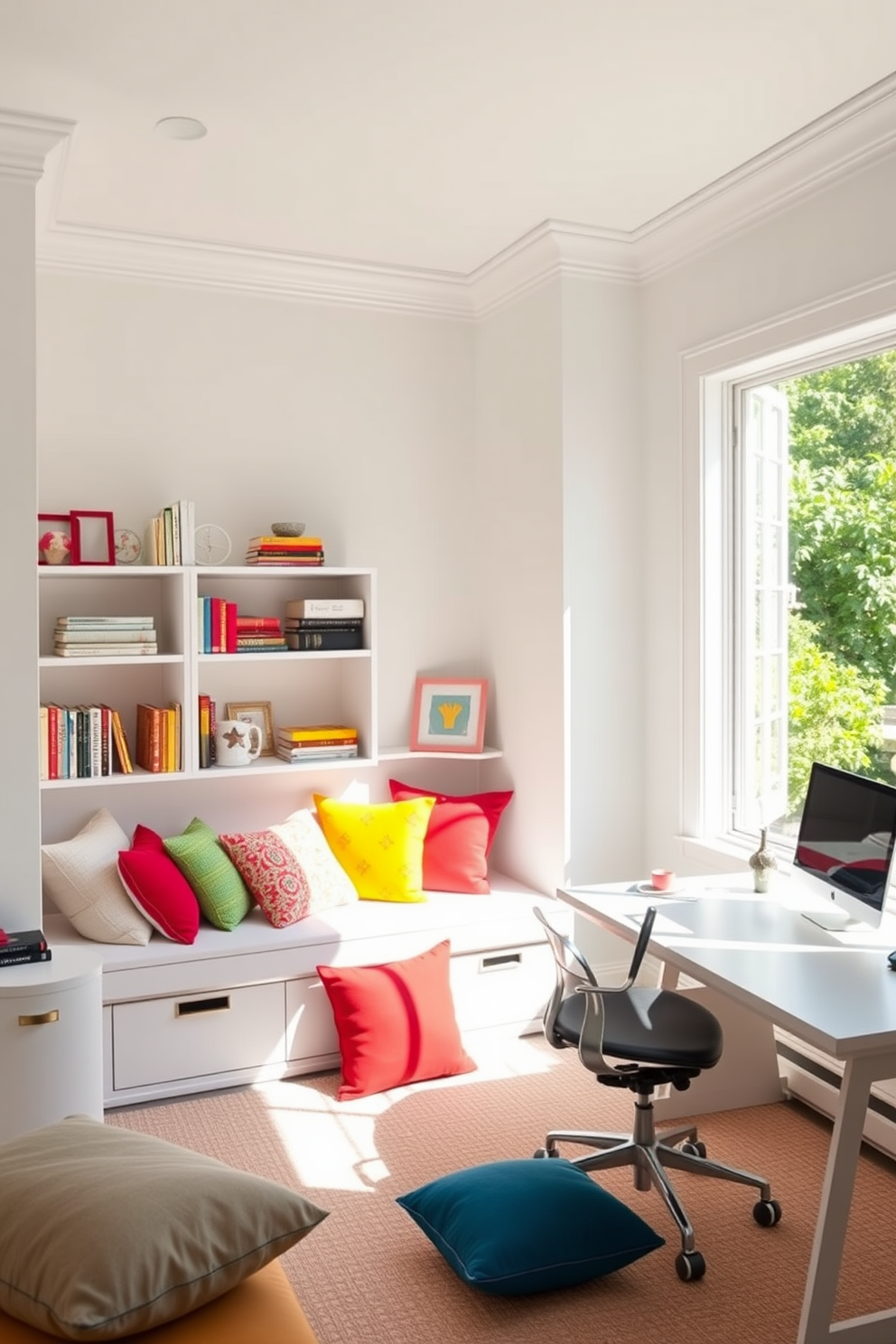 A bright and inviting study room filled with natural light. The walls are painted in a soft white, creating a fresh backdrop for vibrant accent colors in decorative pillows scattered across a comfortable reading nook. A sleek white desk sits against one wall, paired with a stylish ergonomic chair. Shelves filled with books and decorative items add personality, while a large window offers a view of greenery outside.