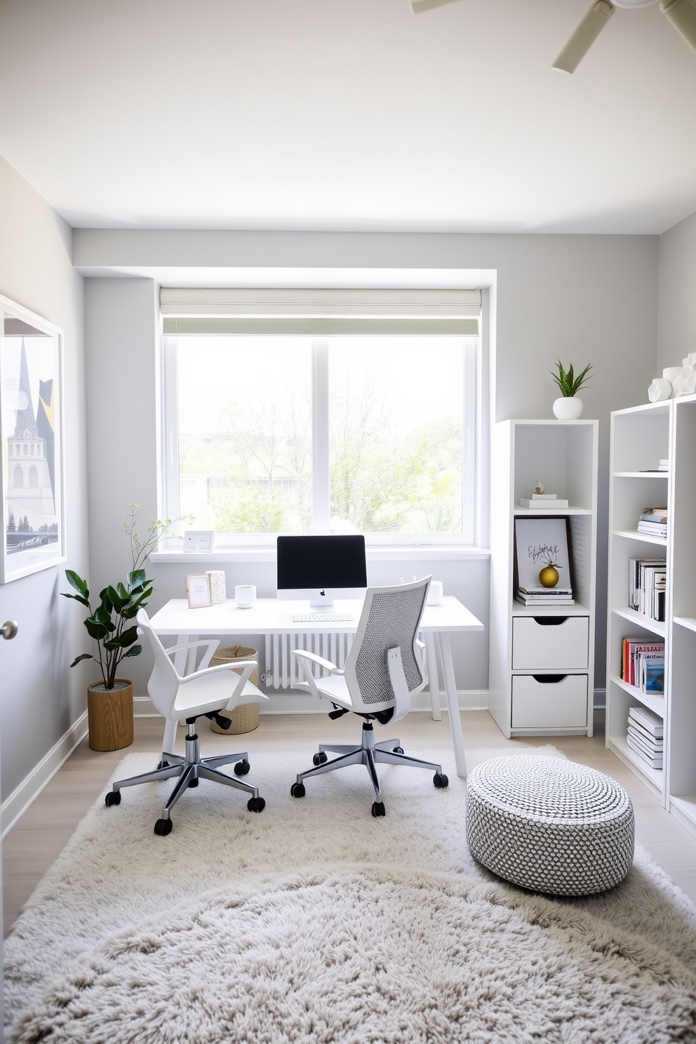 A bright and airy study room features modern art prints framed in white, adding a contemporary touch to the space. The walls are painted a soft gray, and a sleek white desk is positioned in front of a large window, allowing natural light to flood the room. A comfortable ergonomic chair complements the desk, while a minimalist bookshelf displays curated decor and books. A plush area rug in neutral tones anchors the space, creating a cozy atmosphere for productivity and creativity.