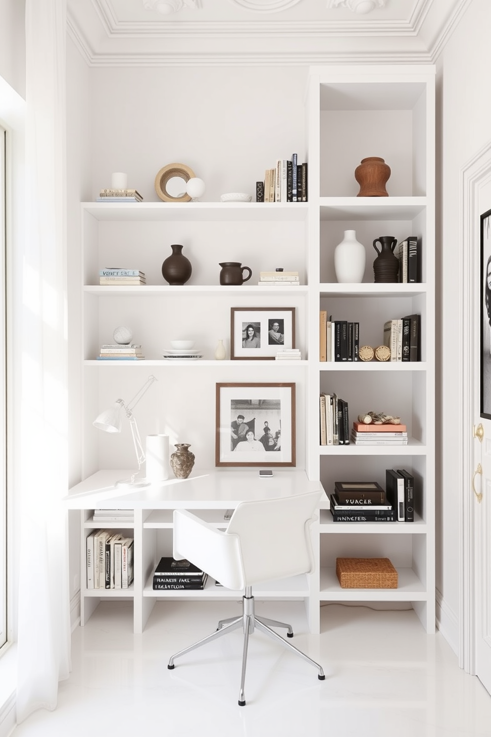 A stylish white bookcase stands against the wall, filled with an array of decorative items such as books, vases, and framed photos. The bookcase features clean lines and a modern aesthetic, complementing the overall design of the study room. The study room is designed with a bright white color palette, creating an airy and inviting atmosphere. A sleek desk with a minimalist chair is positioned near a large window, allowing natural light to flood the space.