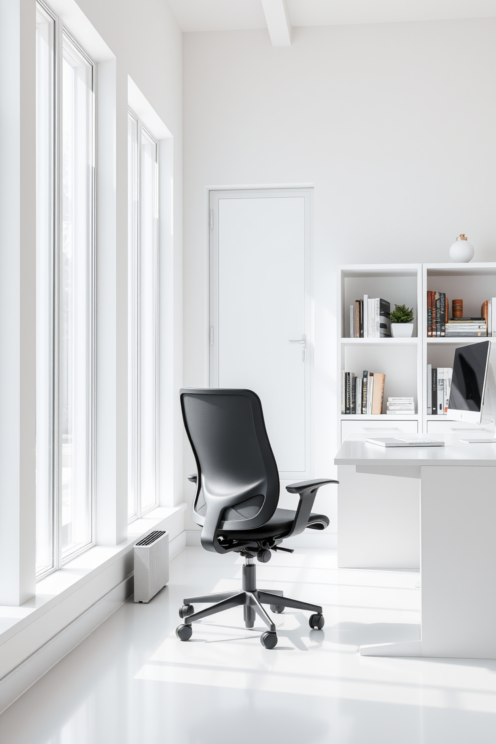 An ergonomic chair designed for maximum comfort during long study sessions is placed in a bright and airy white study room. The room features large windows that allow natural light to flood in, enhancing the serene and focused atmosphere. The walls are painted in a crisp white, complemented by minimalist shelving that holds books and decorative items. A sleek desk with clean lines sits opposite the chair, providing an organized space for studying and creativity.