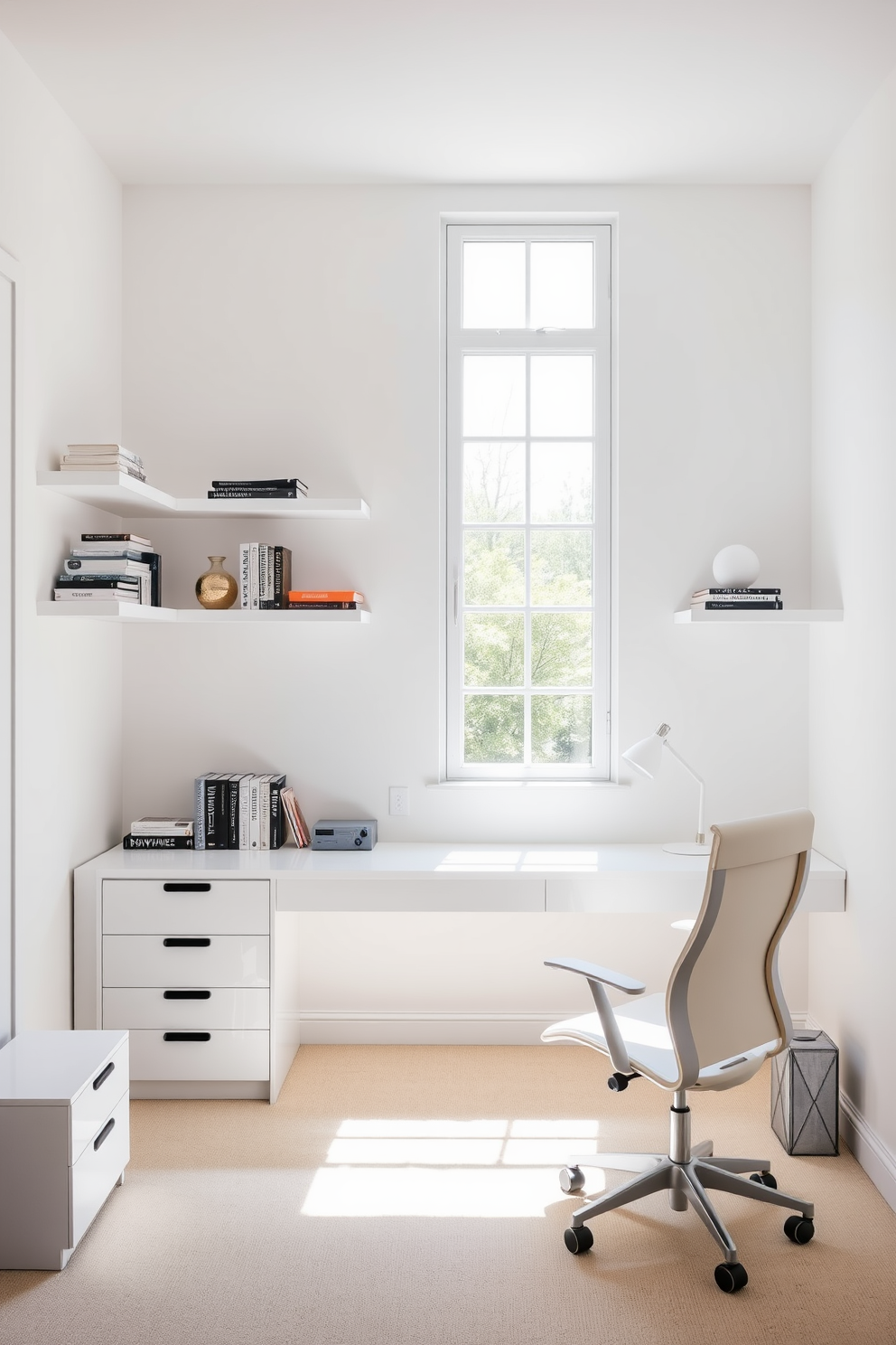 A bright and airy white study room features floating shelves mounted on the walls, creating a clean and minimalist aesthetic. The shelves are adorned with neatly organized books and decorative items, enhancing the room's open feel. A sleek white desk sits beneath a large window, allowing natural light to flood the space. A comfortable ergonomic chair complements the desk, inviting productivity and focus in this serene environment.