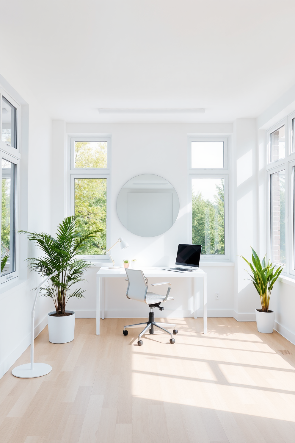 A bright and airy white study room featuring large windows that allow natural light to flood the space. The walls are painted in a crisp white, and the floor is a light wood finish that adds warmth. A sleek white desk is positioned against one wall, complemented by a comfortable ergonomic chair. A large round mirror hangs above the desk, reflecting light and creating a sense of openness in the room.