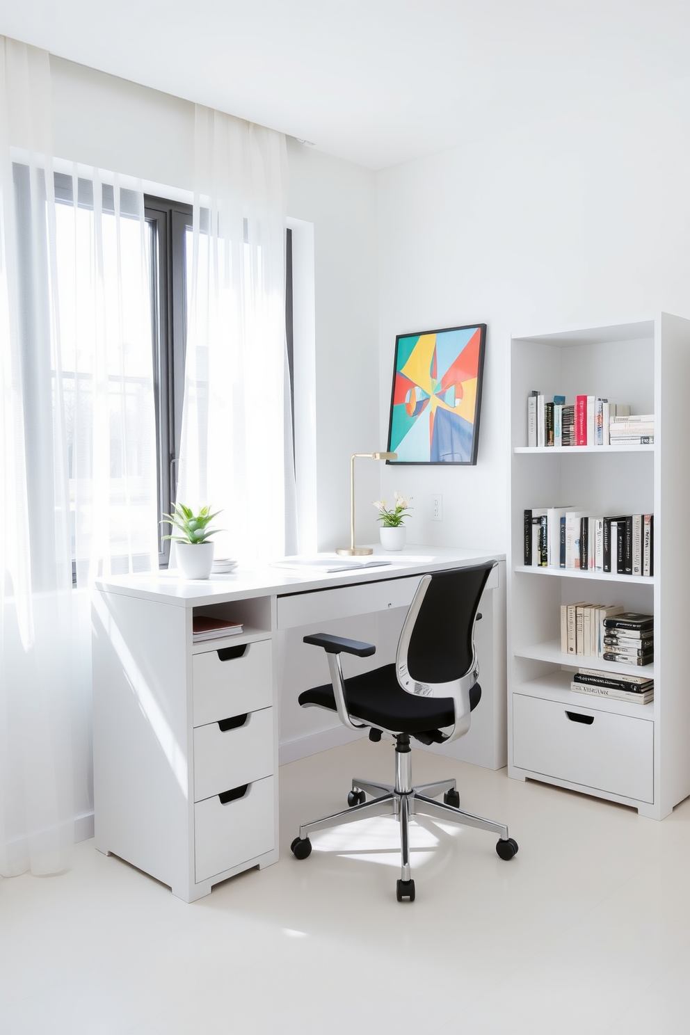 A compact desk with built-in storage options is positioned against a wall in a bright white study room. The desk features sleek lines and a minimalist design, complemented by a comfortable ergonomic chair and a small bookshelf filled with neatly organized books. Natural light floods the space through a large window adorned with sheer curtains, enhancing the room's airy feel. A subtle pop of color is introduced with a potted plant on the desk and a colorful artwork hanging above it.