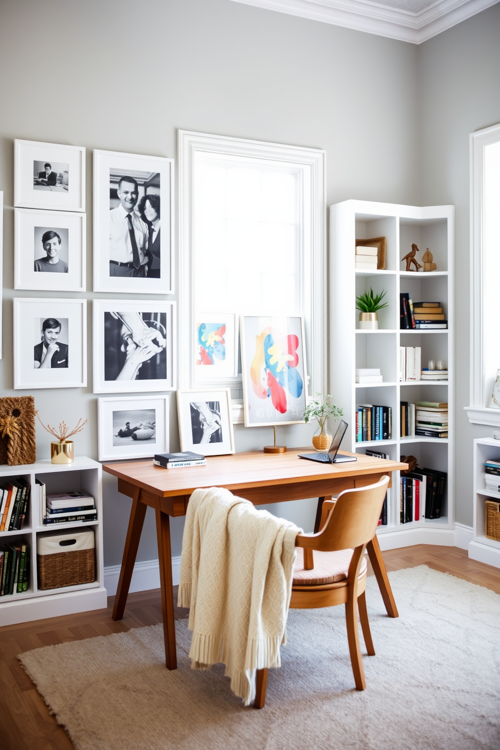 Create a gallery wall with white frames featuring a curated selection of black and white photographs alongside colorful abstract art pieces. The wall is painted in a soft gray tone to enhance the visual impact of the artwork. Design a bright and airy study room with a large wooden desk positioned near a window that allows natural light to flood the space. The room includes built-in shelves filled with books and decorative items, and a comfortable chair with a cozy throw blanket draped over it.