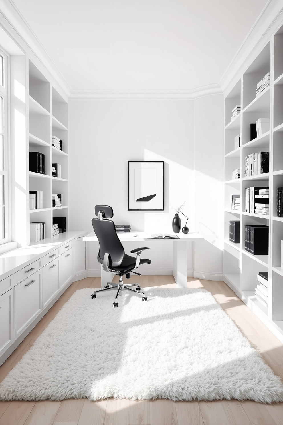 A serene white study room featuring a sleek white desk with minimalist lines and a comfortable ergonomic chair. The walls are adorned with built-in white shelving, filled with books and decorative monochrome accessories to enhance the elegance of the space. Natural light floods the room through large windows, illuminating a plush white area rug that anchors the seating area. A simple black and white artwork hangs above the desk, adding a touch of sophistication to the overall design.