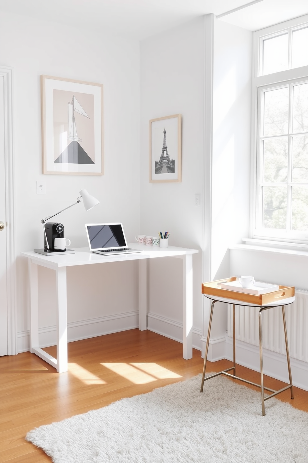 A bright and airy white study room features a sleek white desk positioned against a large window that allows natural light to flood the space. On the desk, a minimalist laptop sits alongside a stylish desk lamp and a few organized stationery items. Adjacent to the desk, a small coffee station is elegantly set up with a compact espresso machine, a selection of coffee mugs, and a decorative tray holding sugar and cream. The walls are adorned with framed artwork in soft pastel tones, and a plush area rug adds warmth to the polished wooden floor.