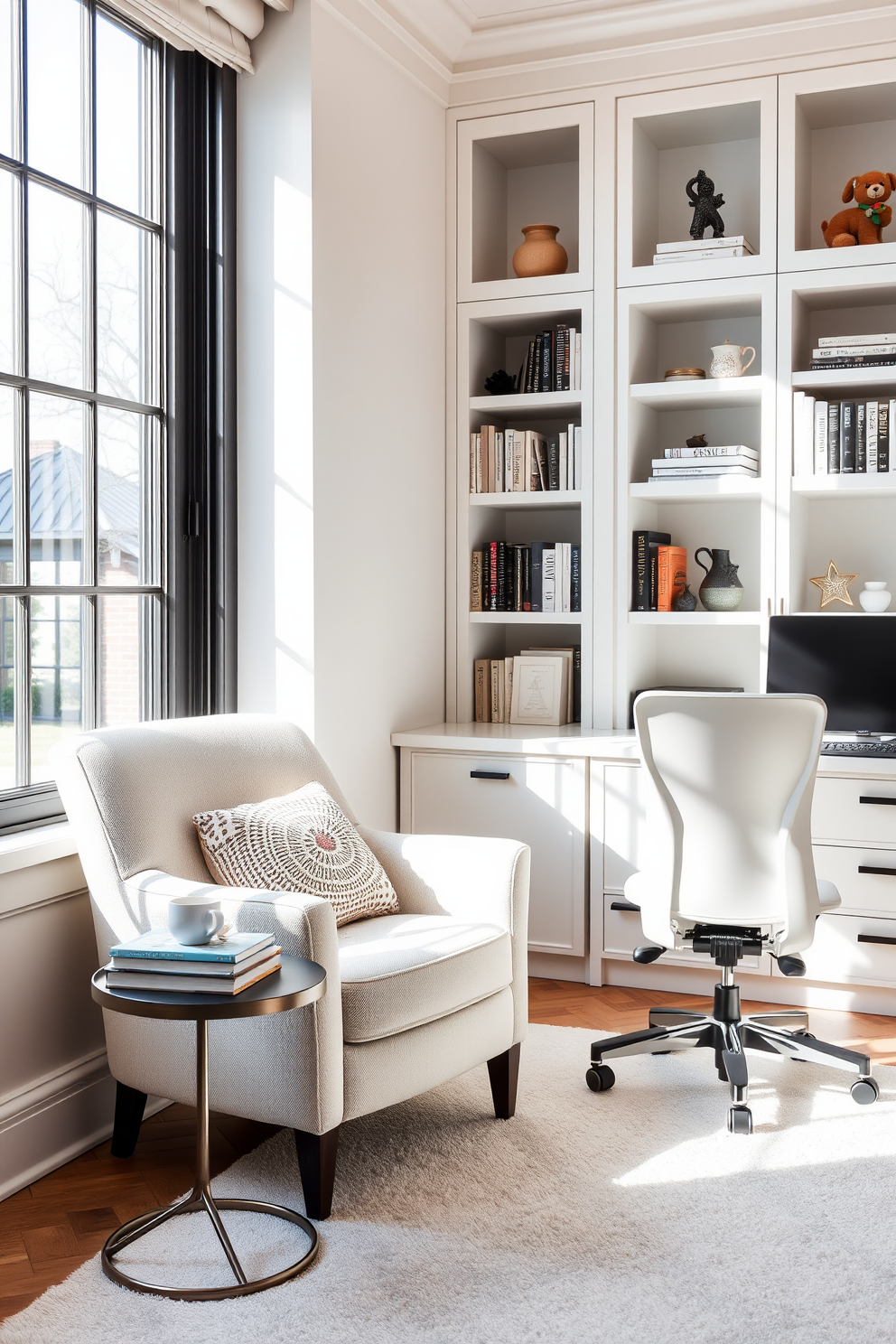 A cozy reading nook featuring a plush white armchair positioned next to a large window. Soft natural light filters in, illuminating a small side table with a stack of books and a steaming cup of tea. The white study room is designed with minimalist aesthetics in mind. A sleek desk with a comfortable ergonomic chair faces a wall of built-in shelves filled with books and decorative items.