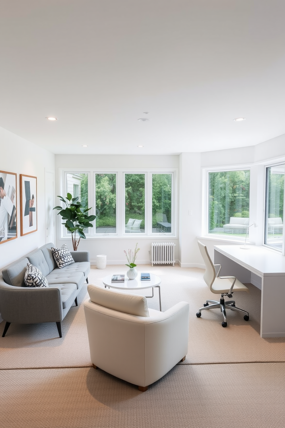 Flexible seating options for guests. The space features a combination of a modern sectional sofa and stylish accent chairs, arranged to encourage conversation and comfort. White study room design ideas. The room is bright and airy with white walls and a large window, complemented by a sleek white desk and ergonomic chair, creating an inspiring workspace.