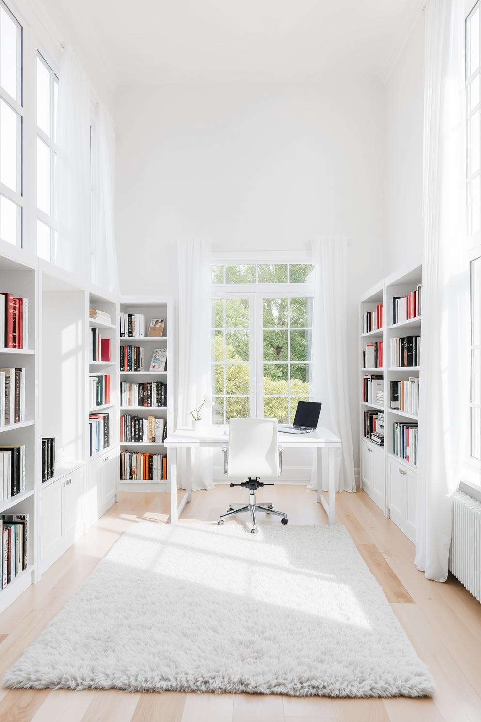 A bright and airy white study room with large windows allowing natural light to flood the space. The room features a sleek white desk paired with an ergonomic chair, and bookshelves filled with neatly organized books line the walls. Soft white curtains frame the windows, adding a touch of elegance while maintaining an open feel. A plush area rug in a subtle pattern anchors the room, creating a cozy atmosphere perfect for productivity.