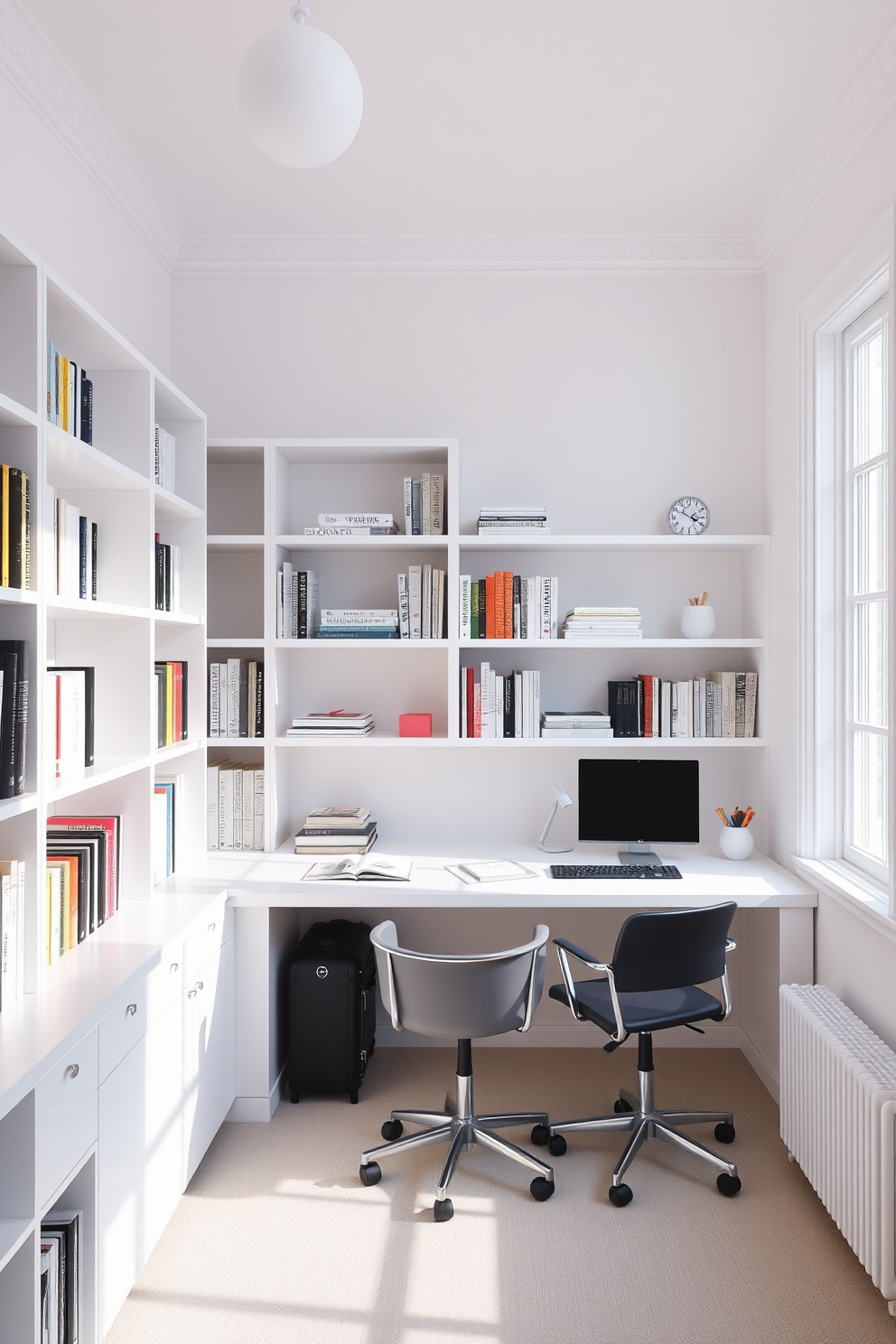 A sleek white study room features minimalist white shelves that provide organized storage for books and supplies. The room is bathed in natural light from large windows, creating an inviting and productive atmosphere.