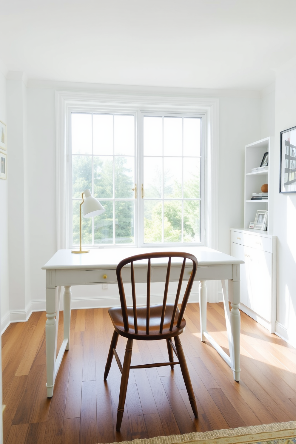 A bright study room features a sleek white desk paired with a vintage wooden chair that adds character to the space. The walls are painted in a soft pastel hue, and a large window allows natural light to flood the room, enhancing the inviting atmosphere.