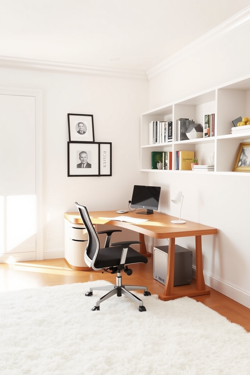 A bright and inviting study room features a soft white rug that adds warmth to the space. The walls are painted in a light pastel color, creating a serene atmosphere for productivity. A sleek wooden desk sits against one wall, complemented by a comfortable ergonomic chair. Shelves filled with books and decorative items line the opposite wall, enhancing the room's aesthetic appeal.