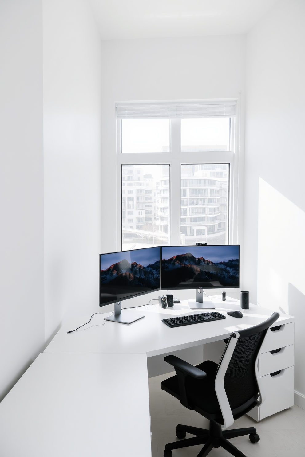 A functional workspace featuring a dual monitors setup. The room is designed in a bright white color scheme with sleek furniture and ample natural light.