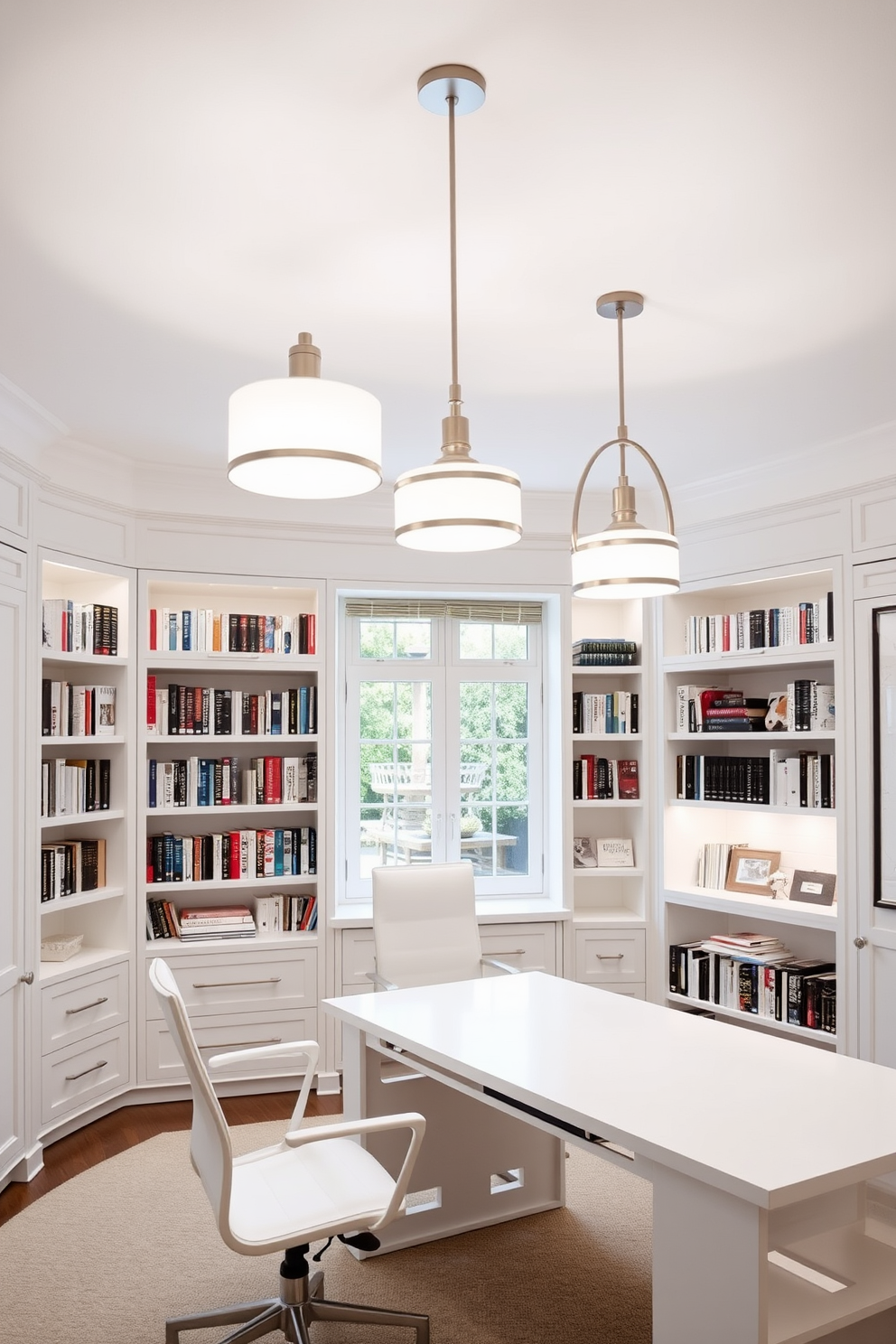 Elegant pendant lights for ambient lighting. The lights feature a sleek design with a brushed nickel finish and frosted glass shades that diffuse the light softly. White study room design ideas. The room includes a large white desk with clean lines, complemented by a comfortable ergonomic chair and built-in bookshelves filled with neatly organized books.