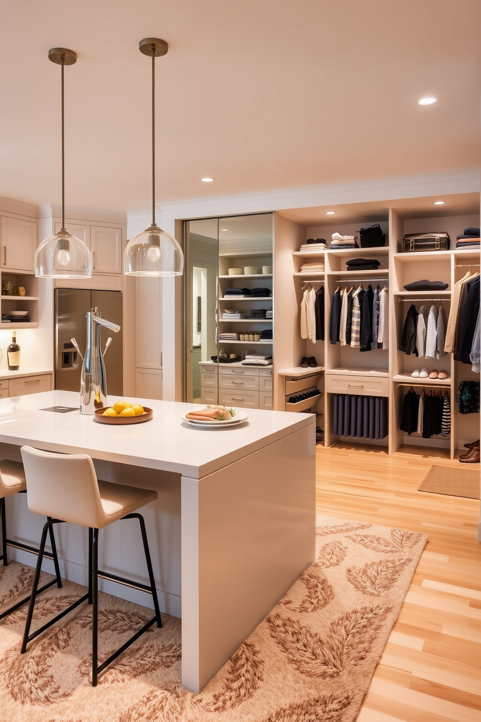 A spacious kitchen island features a sleek countertop with ample space for food preparation and casual dining. Surrounding the island are stylish bar stools that complement the overall design aesthetic. The walk-in closet is designed with custom shelving and hanging space to maximize storage efficiency. Soft lighting enhances the elegance of the space, while a plush area rug adds warmth and comfort.