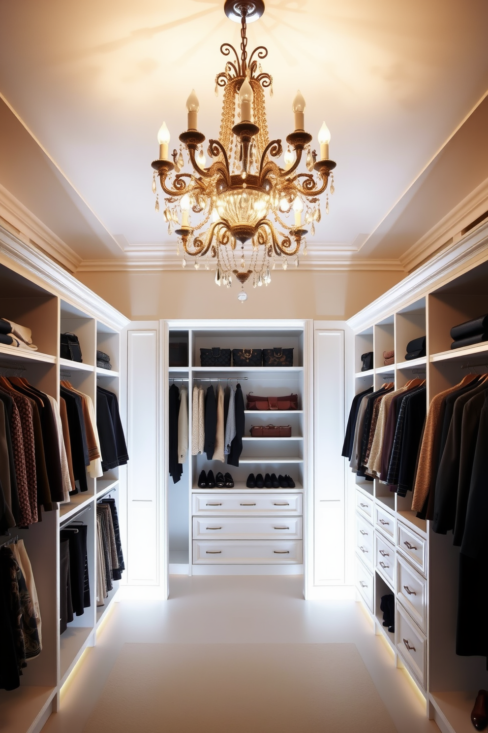 A dramatic chandelier hangs from the ceiling, casting a warm glow over the spacious white walk-in closet. The closet features custom shelving and hanging space, elegantly organized to showcase a curated collection of clothing and accessories.