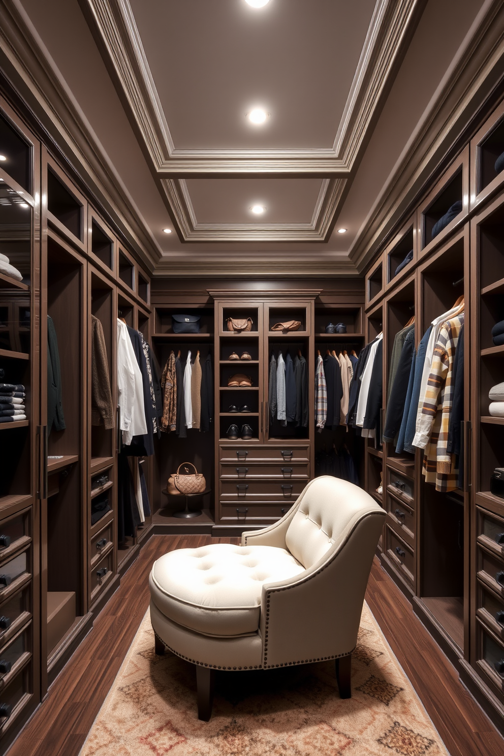 A luxurious walk-in closet featuring elegant crown molding that adds sophistication to the space. The closet is designed with ample shelving, hanging space, and a plush seating area for comfort and convenience.