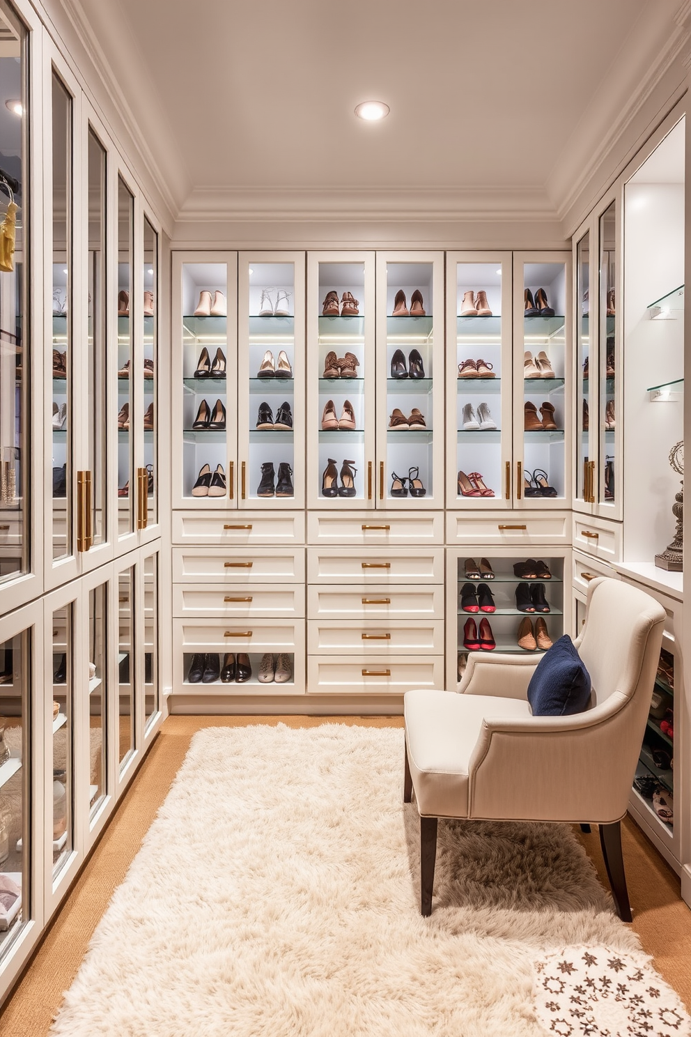 A stylish walk-in closet featuring glass-front cabinets that showcase neatly arranged shoes and accessories. The space is illuminated by soft lighting, creating an inviting atmosphere with a plush rug underfoot. The walls are painted in a soft neutral tone, enhancing the visibility of the elegant cabinetry. A chic seating area is included, providing a comfortable spot for selecting outfits.