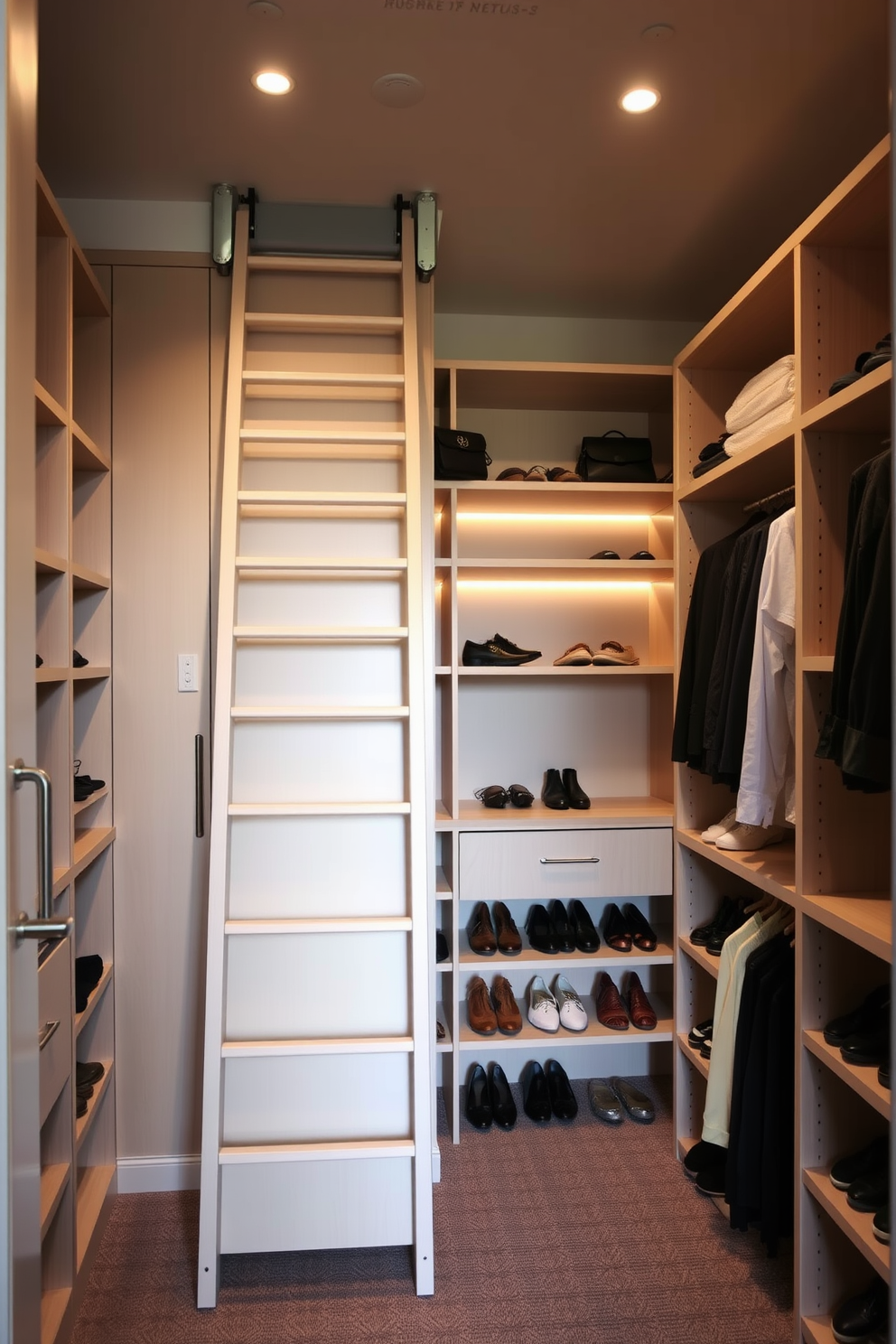 A spacious walk-in closet featuring a sliding ladder for easy access to high storage. The closet is illuminated with soft overhead lighting and has custom shelving to organize shoes and accessories.