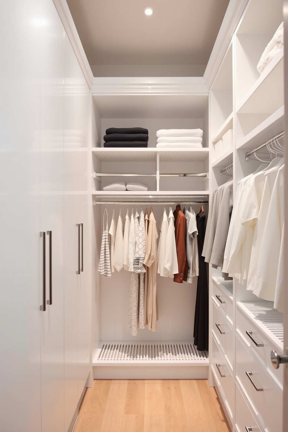 A spacious walk-in closet featuring multi-tiered hanging rods for versatile storage solutions. The design incorporates sleek white cabinetry and soft ambient lighting to create a bright and inviting atmosphere.