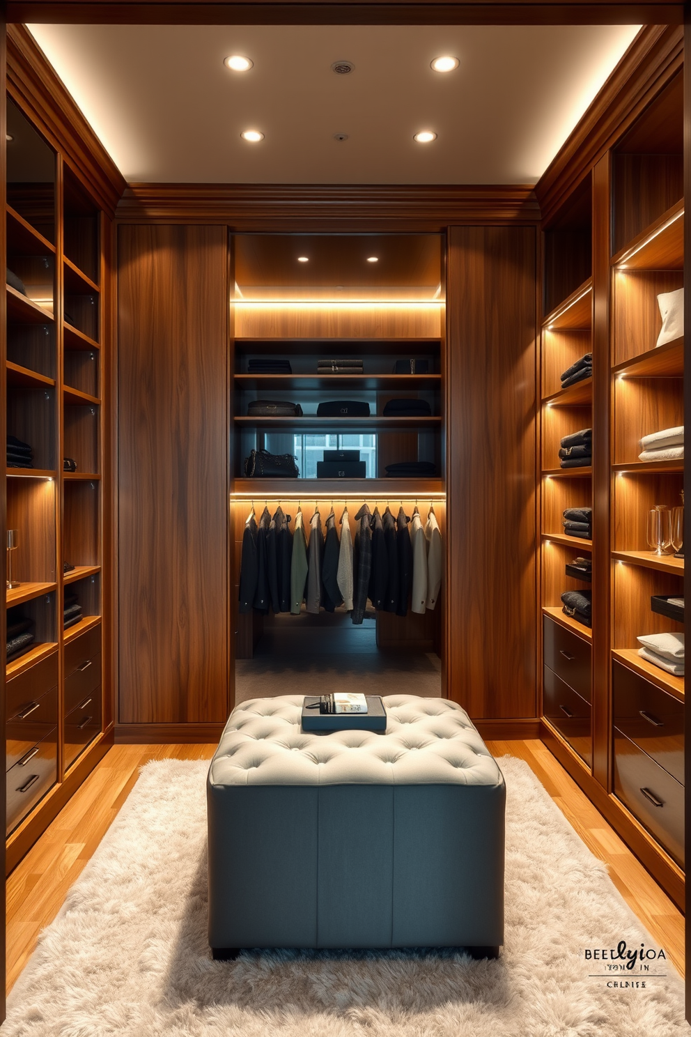 A luxurious walk-in closet featuring hidden compartments for valuable items. The space is elegantly designed with floor-to-ceiling shelving and soft ambient lighting. The walls are lined with rich wood paneling, and a plush area rug adds warmth underfoot. A stylish ottoman sits in the center, providing a comfortable spot for dressing and accessorizing.