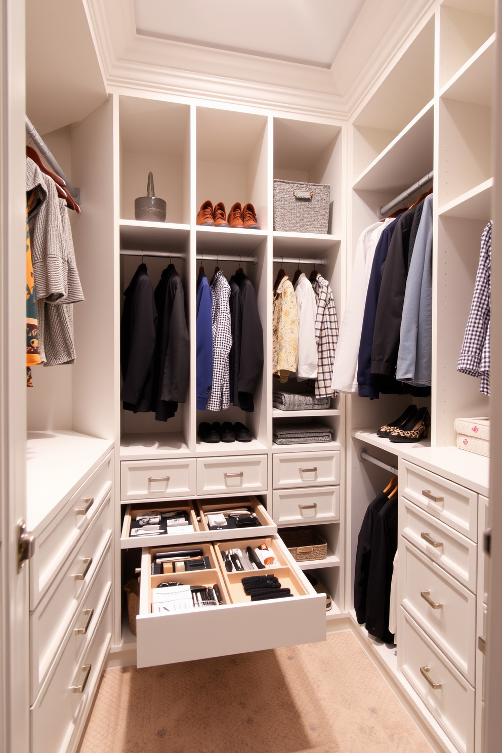 A spacious walk-in closet featuring pull-out accessories trays for optimal organization. The closet is designed with custom shelving and hanging space, all in a soft white finish to create a bright and airy atmosphere.