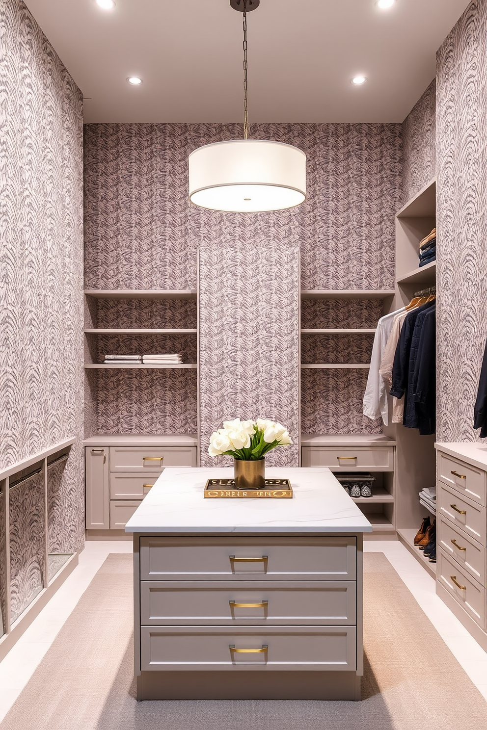 A luxurious walk-in closet featuring textured wallpaper that adds depth and visual interest. The space includes custom shelving and a central island with drawers, all designed in a soft neutral palette.