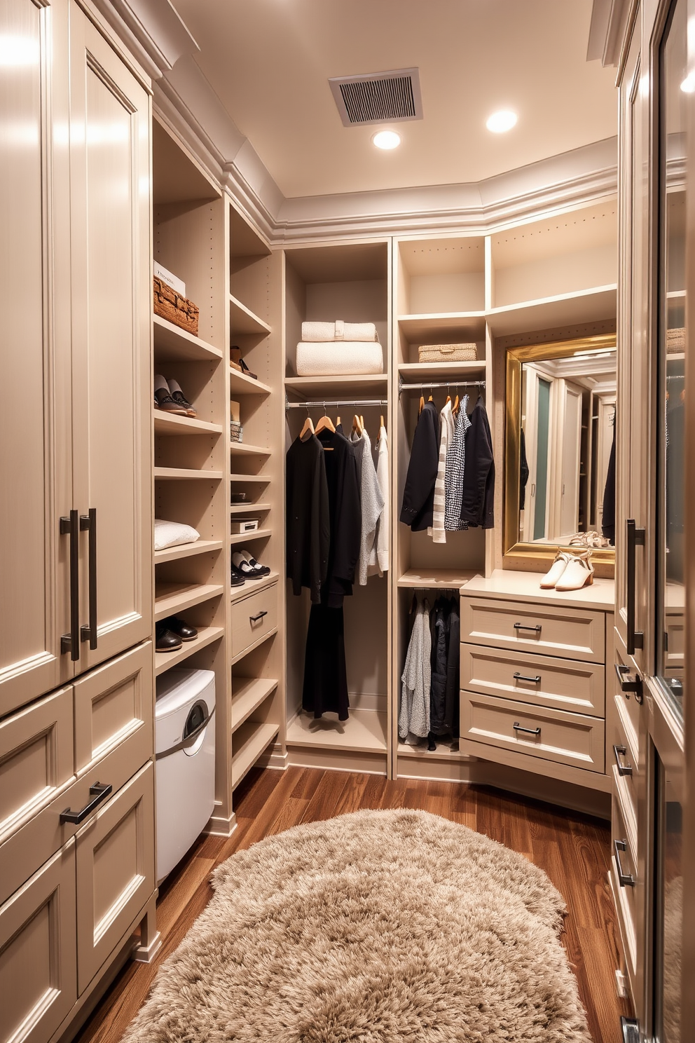 A stylish walk-in closet featuring a spacious layout with custom shelving and hanging rods for optimal organization. The design includes a built-in laundry hamper discreetly integrated into the cabinetry for convenience and a seamless look. Soft lighting illuminates the space, highlighting the elegant finishes and textures throughout. A plush area rug adds warmth, while a full-length mirror enhances the room's functionality and style.