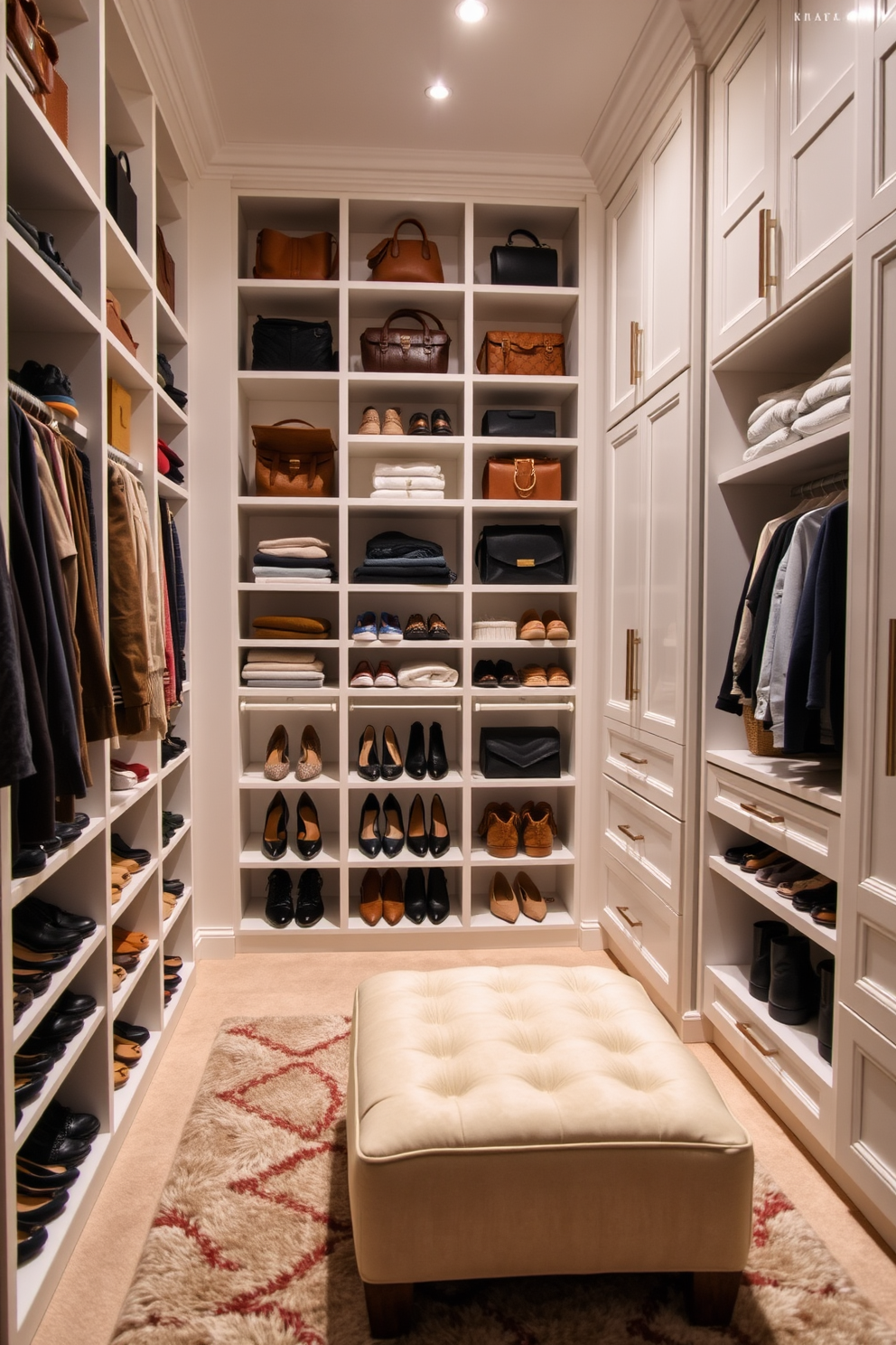 A spacious walk-in closet features floor-to-ceiling shelving that maximizes storage and organization. The shelves are filled with neatly arranged shoes, bags, and folded clothes, creating a clean and stylish display. Soft, ambient lighting illuminates the space, enhancing the elegant white cabinetry and providing a bright atmosphere. A plush area rug adds warmth underfoot, while a chic ottoman offers a comfortable spot for dressing.