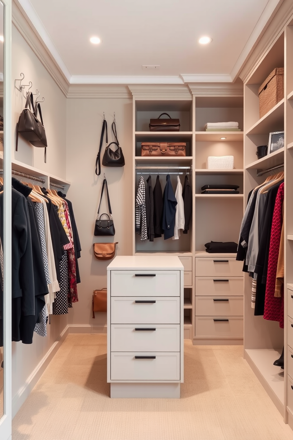 A spacious walk-in closet featuring wall-mounted hooks for bags and scarves. The design includes ample shelving and a central island for accessories, all in a soft neutral color palette.