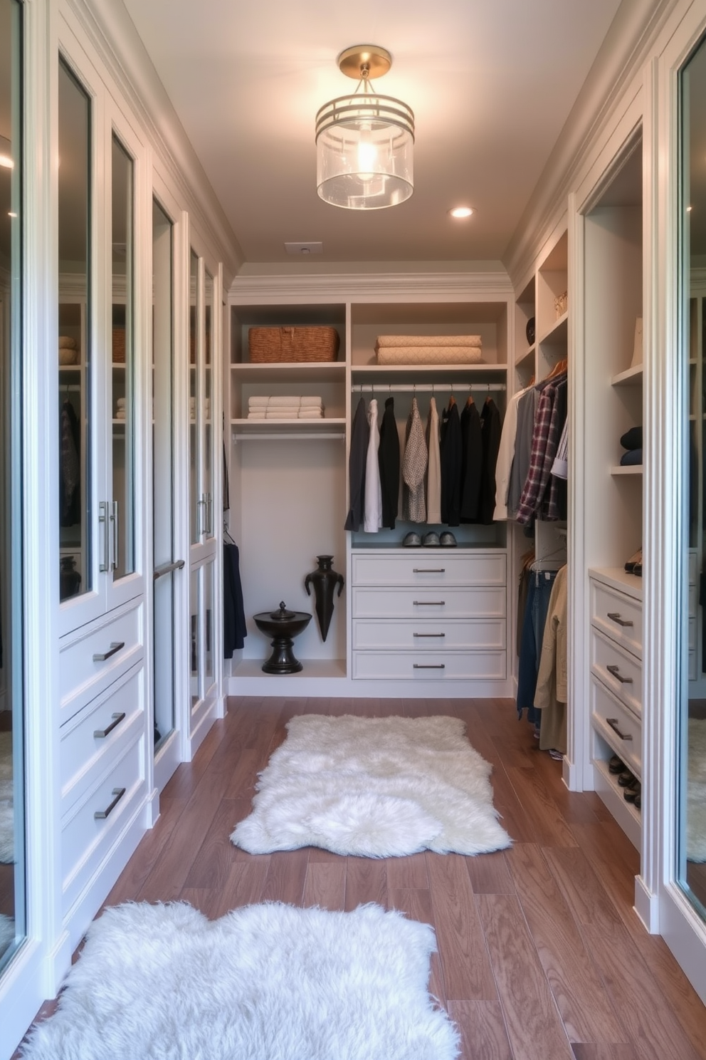 A spacious walk-in closet featuring soft area rugs for comfort underfoot. The design incorporates elegant shelving and hanging spaces with a neutral color palette to create a serene atmosphere.