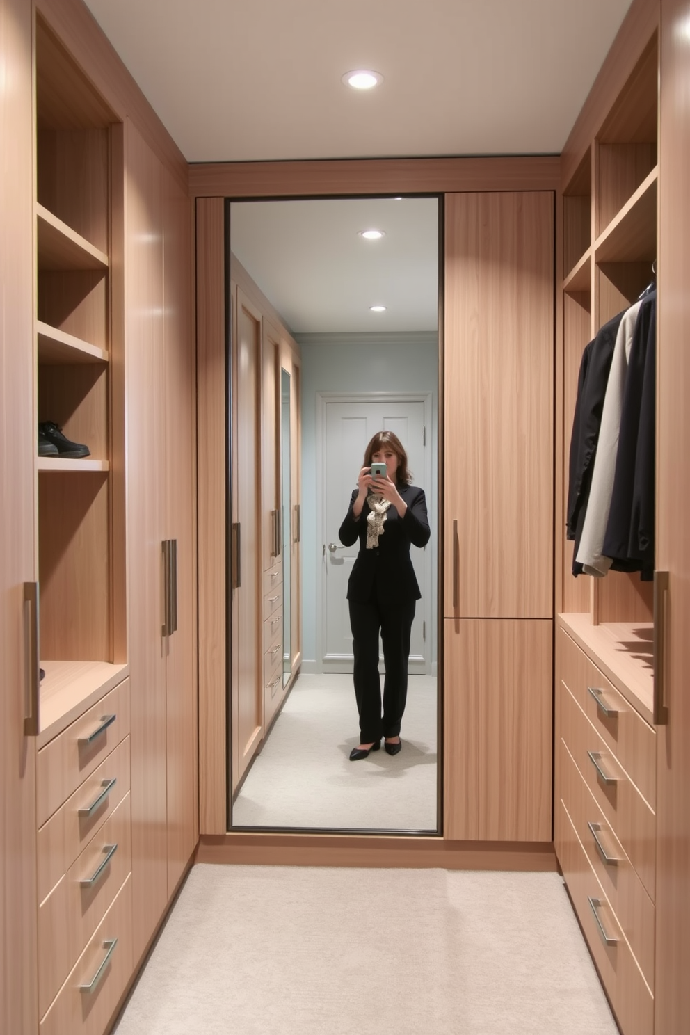 A spacious walk-in closet featuring an integrated full-length mirror for outfit checks. The walls are lined with elegant cabinetry in a light wood finish, providing ample storage for clothing and accessories.