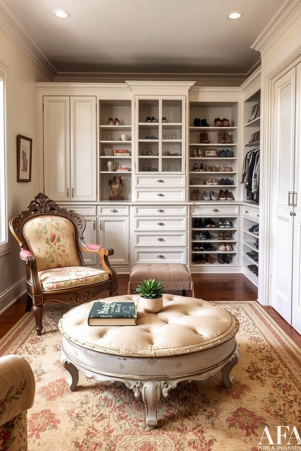 Vintage furniture pieces for charm. Imagine a cozy living room featuring an ornate wooden armchair with intricate carvings and a faded floral upholstery. A round coffee table with a distressed finish sits in front, adorned with a stack of vintage books and a small potted plant. The walls are painted a soft cream, and a vintage rug with muted colors anchors the space. White Walk-In-Closet Design Ideas. Visualize a spacious walk-in closet with custom white cabinetry and open shelving for shoes and accessories. A plush ottoman in the center provides a comfortable spot for dressing, while soft lighting illuminates the space, highlighting the organized and elegant design.