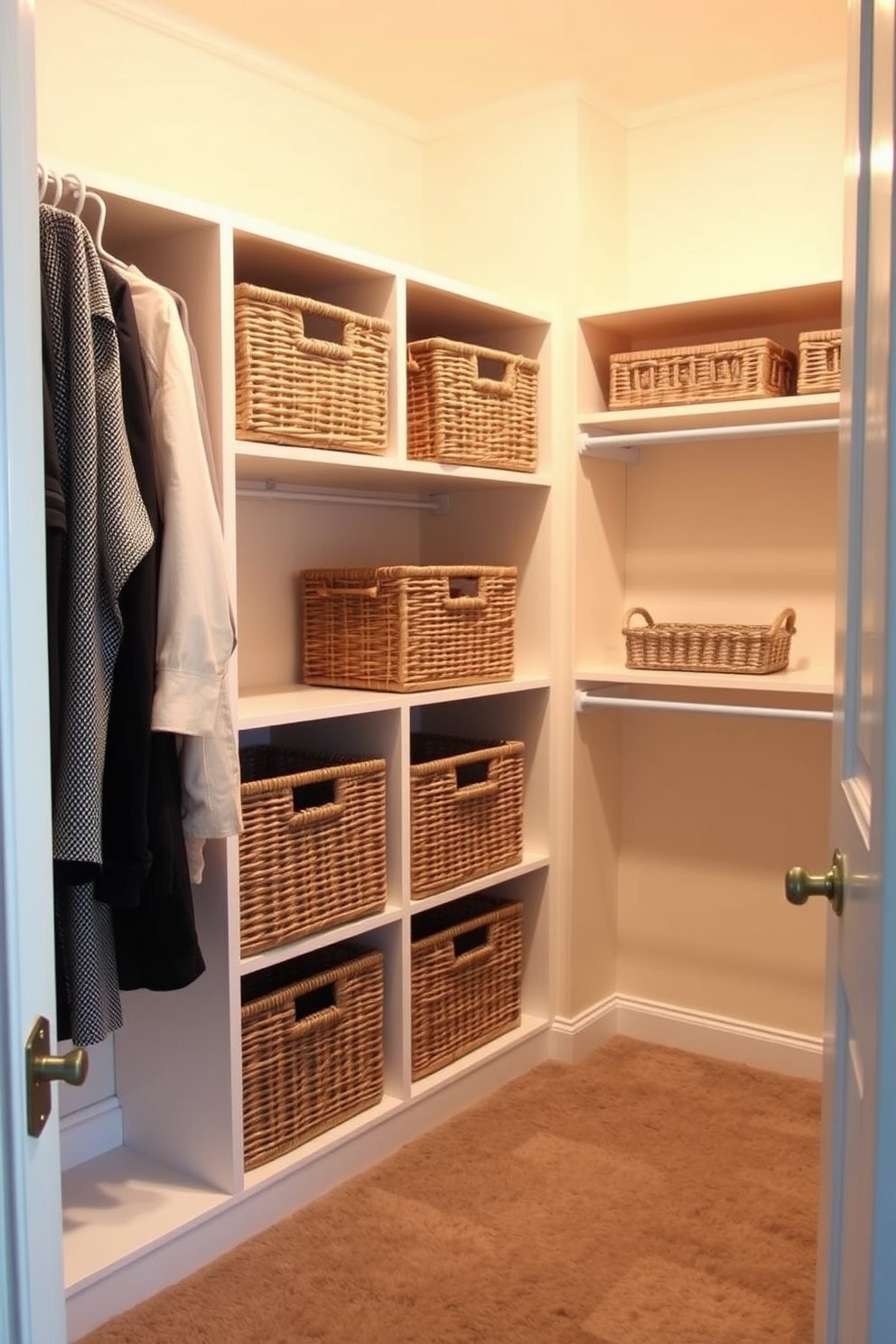 A stylish walk-in closet featuring elegant baskets for additional storage. The walls are painted in a soft neutral tone, and the floor is adorned with plush carpeting for a cozy feel.