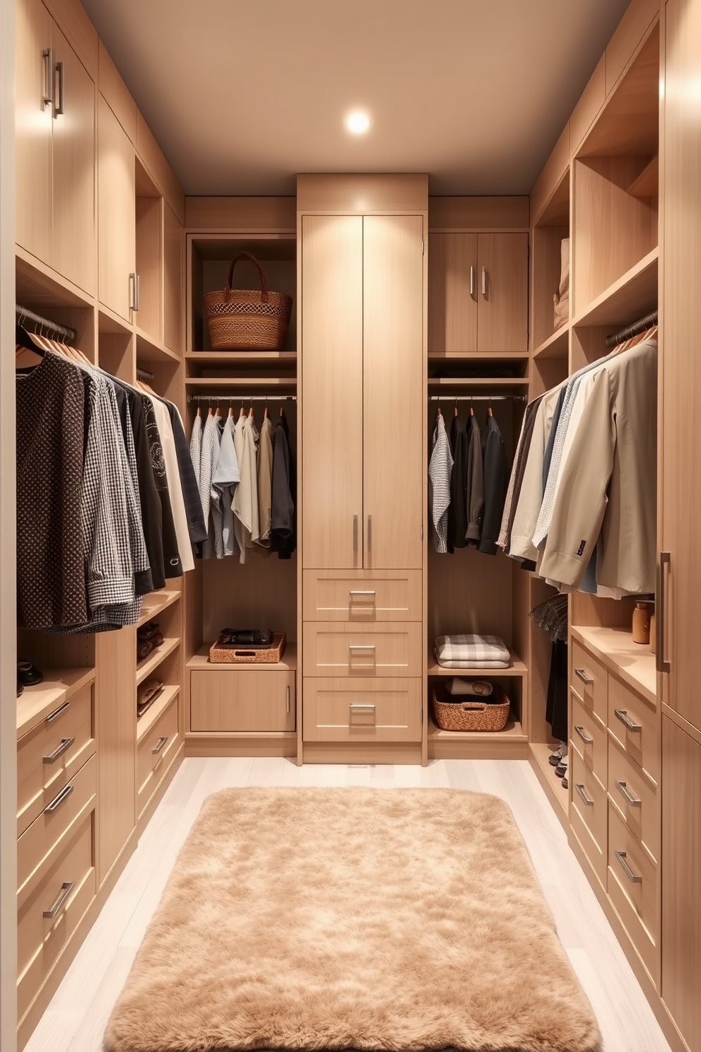 A serene walk-in closet featuring a neutral color palette that promotes a calming atmosphere. The walls are painted in soft beige, while the shelving and cabinetry are crafted from light wood, creating an airy and inviting space. Soft lighting illuminates the area, enhancing the tranquil vibe. A plush area rug in a muted tone adds warmth underfoot, and neatly organized clothing and accessories are displayed for easy access.