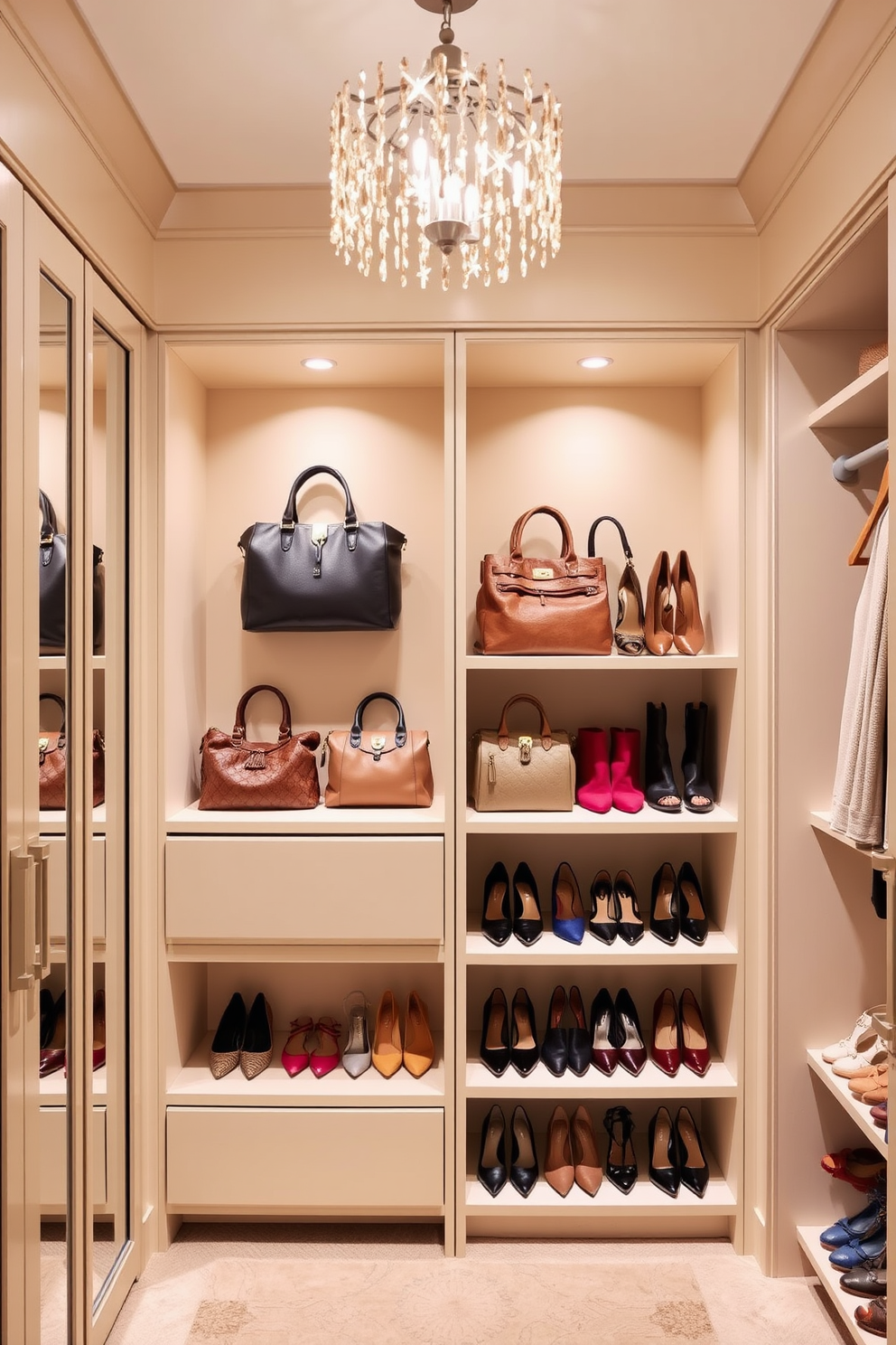 A stylish walk-in closet featuring a decorative display for handbags and shoes. The walls are painted in a soft beige, and there are built-in shelves lined with elegant handbags and neatly arranged shoes in various colors.