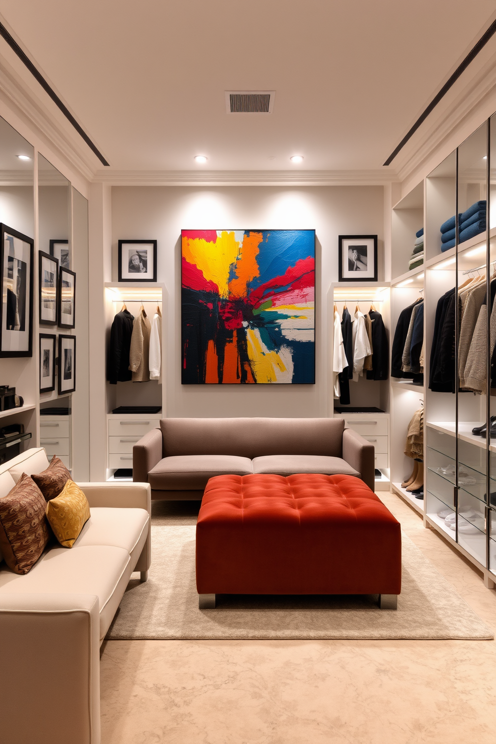 Artistic wall art to enhance decor. A large abstract painting in vibrant colors hangs above a sleek modern sofa, creating a focal point in the living room. Surrounding the artwork, smaller framed pieces in complementary tones are arranged in a gallery style, adding depth and interest to the wall. White walk-in-closet design ideas. The spacious closet features custom-built shelving and hanging rods, illuminated by soft LED lights for an inviting atmosphere. A plush ottoman sits in the center, providing a comfortable spot to sit while choosing outfits, and mirrors line one wall to enhance the sense of space.