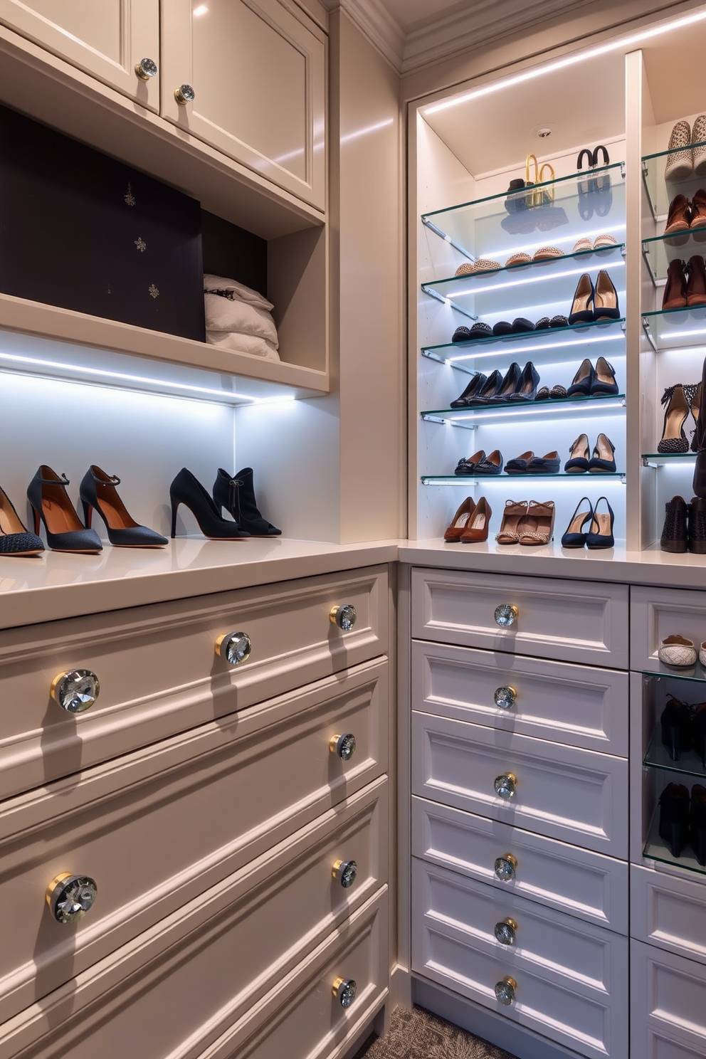 A luxurious walk-in closet featuring elegant crystal knobs on all drawers. The space is adorned with soft ambient lighting and custom shelving to showcase an extensive collection of shoes and accessories.