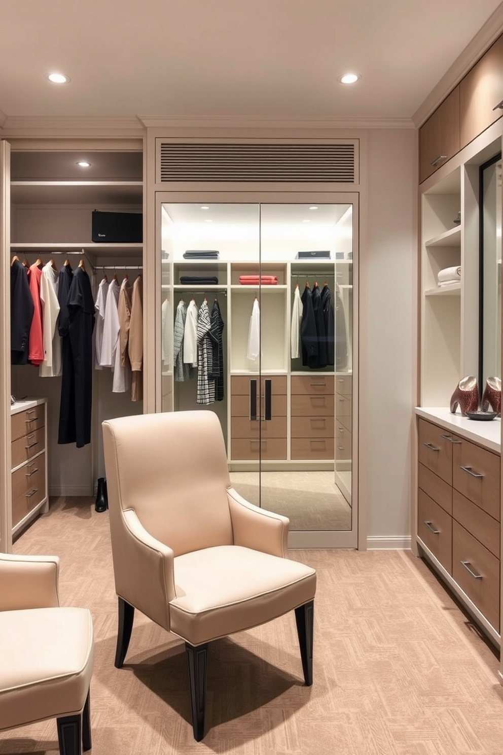 A stylish dressing area features functional seating that complements the overall design. The seating is upholstered in a soft fabric with elegant legs, providing comfort while maintaining a chic aesthetic. The walk-in closet is designed with ample storage solutions, including built-in shelves and hanging space. Soft lighting highlights the organized layout, creating an inviting atmosphere for getting ready.