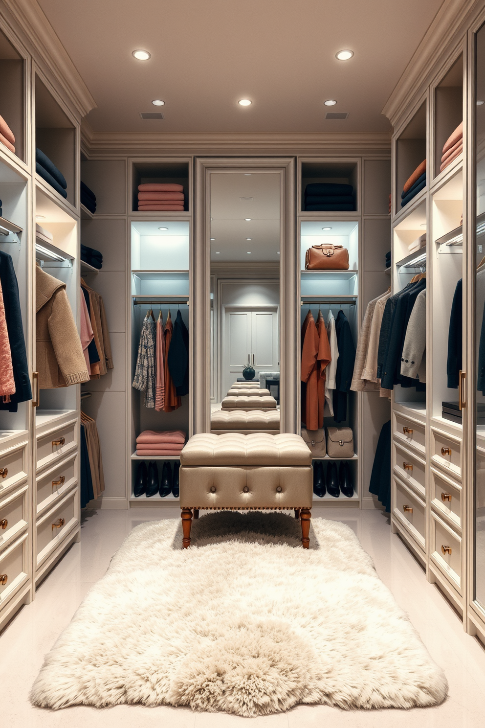 A luxurious white walk-in closet featuring color-coordinated clothing display sections. The walls are adorned with elegant shelving units that showcase neatly arranged garments in shades of beige, blush, and navy. Soft ambient lighting illuminates the space, highlighting a plush area rug in the center. A stylish ottoman sits in front of a full-length mirror, providing a comfortable spot for dressing and accessorizing.