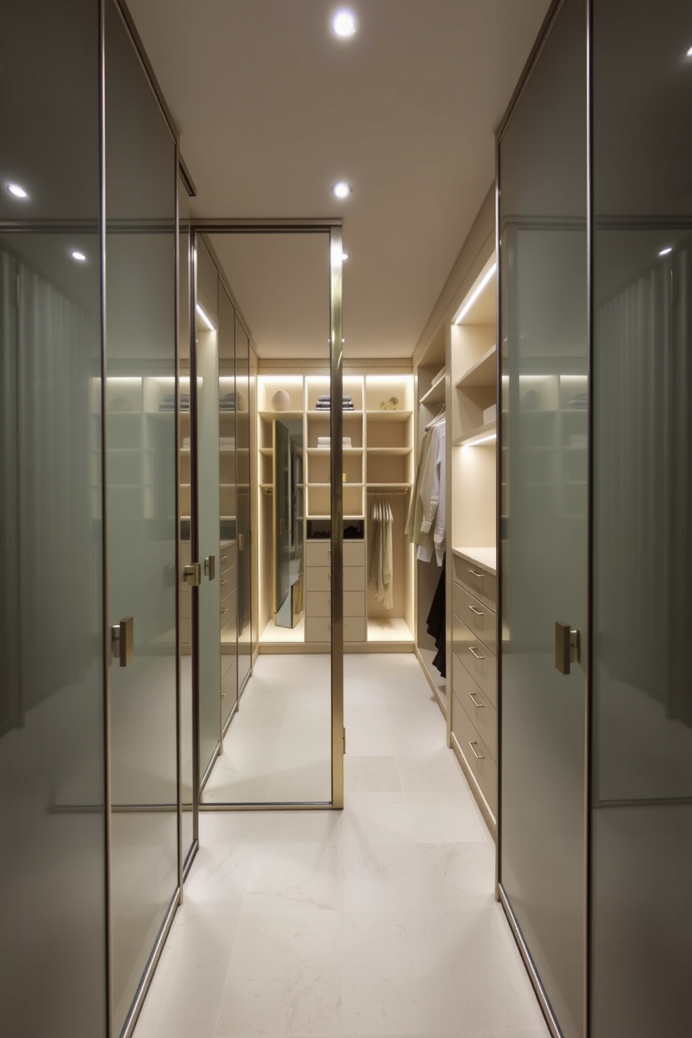 A luxurious walk-in closet featuring mirrored sliding doors that create an illusion of depth and spaciousness. The interior is organized with custom shelving and hanging space, complemented by soft LED lighting that highlights the elegant finishes.