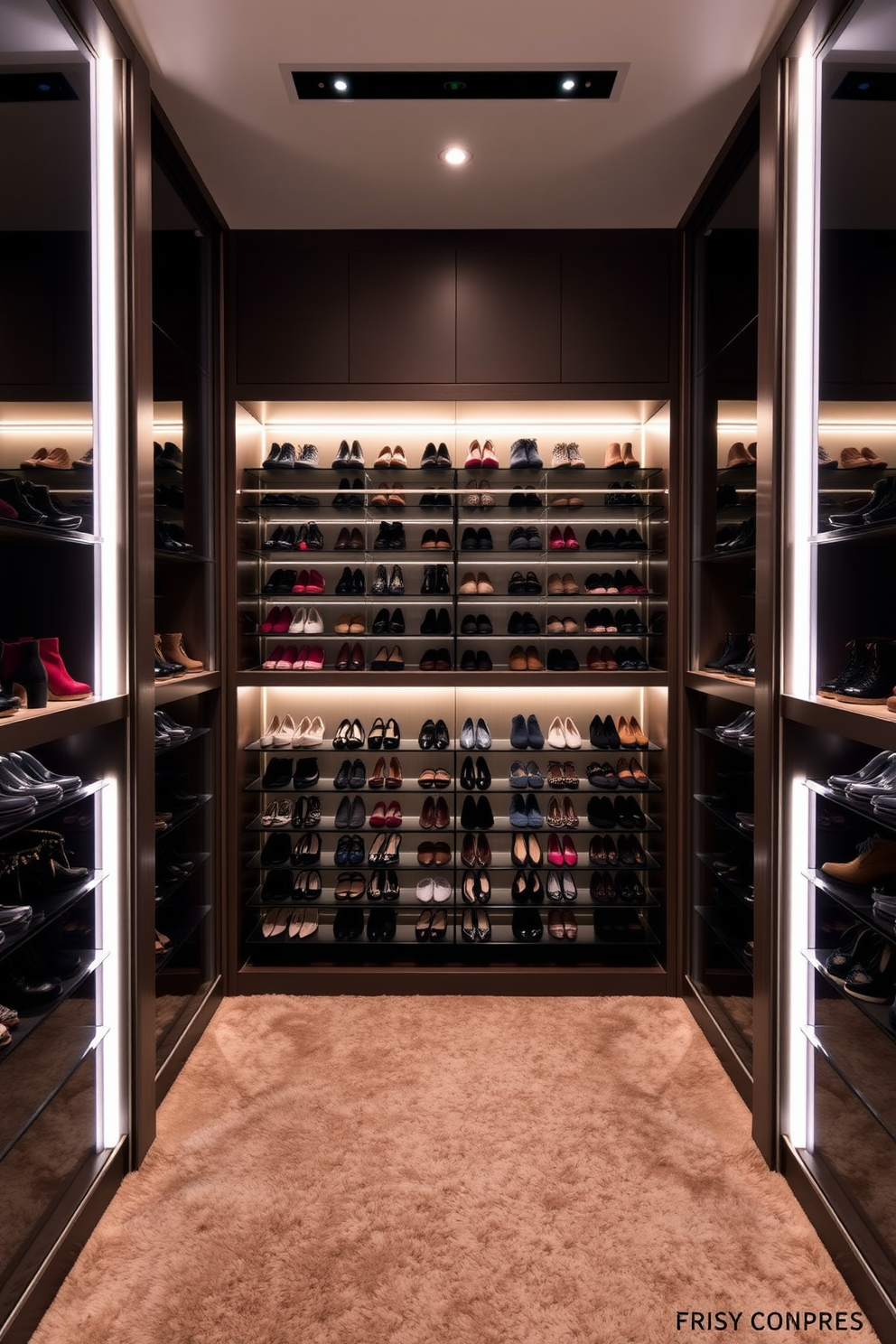 A luxurious walk-in closet featuring built-in lighting that elegantly highlights the shoe racks. The space is designed with sleek shelving and a plush carpet, creating a sophisticated atmosphere for displaying an extensive shoe collection.