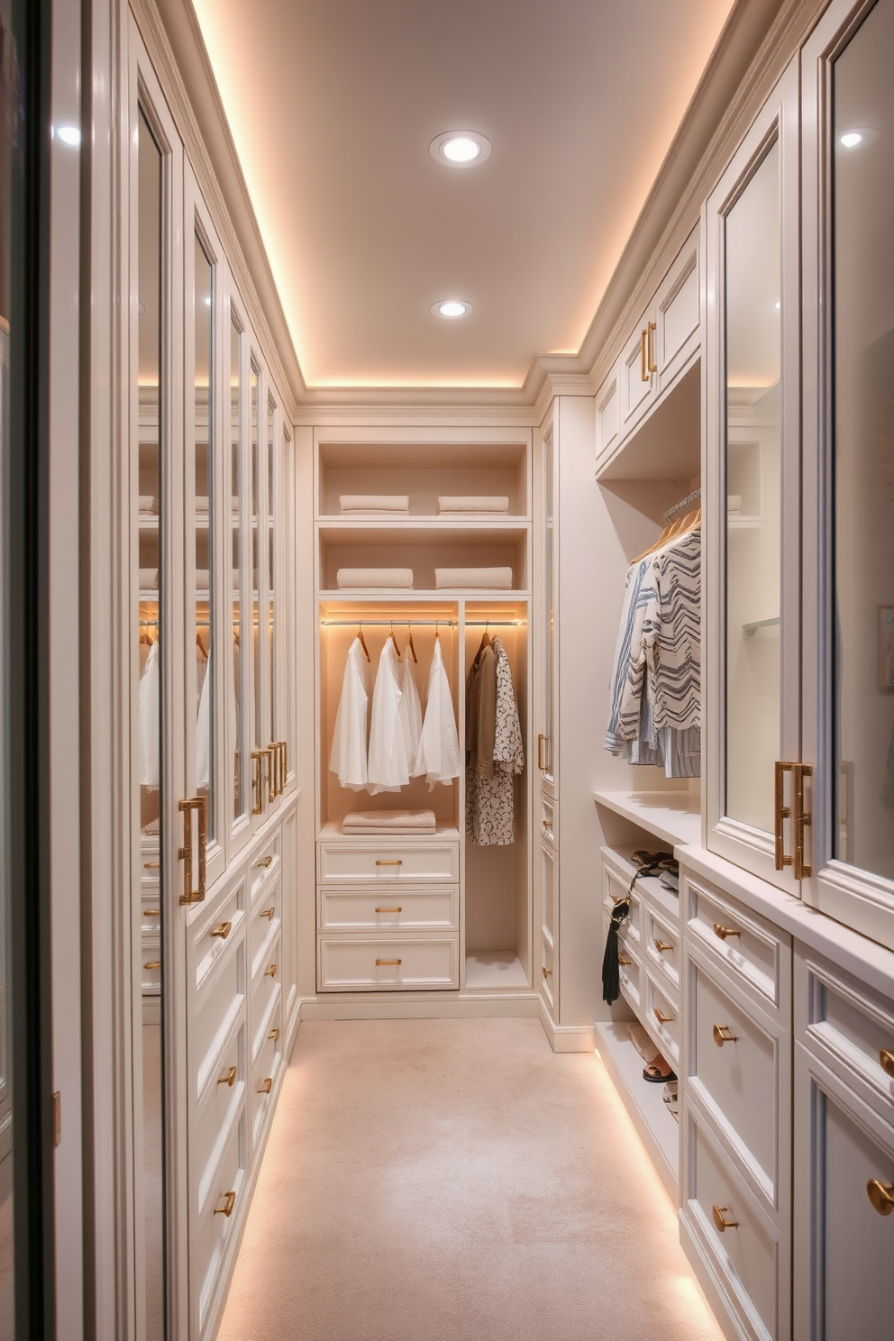 A luxurious walk-in closet featuring soft white cabinetry adorned with elegant gold accents. The space is illuminated by warm lighting, creating a serene atmosphere that highlights the beautifully organized shelves and hanging areas.