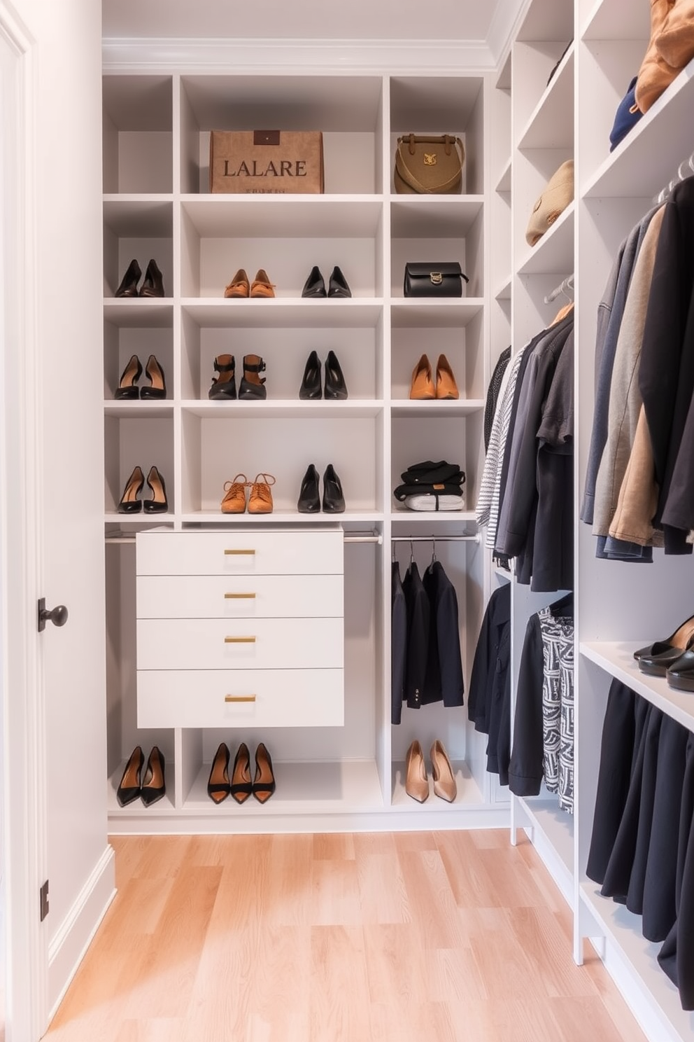 A modern walk-in closet featuring open shelving for easy access to shoes and accessories. The walls are painted in a soft white hue, creating a bright and airy atmosphere while the floor is covered in light hardwood for warmth.