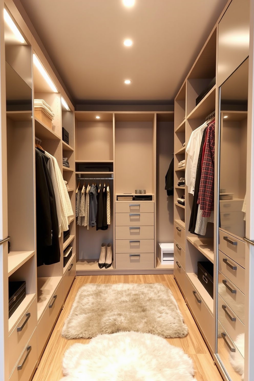 A sleek and modern walk-in closet featuring customizable modular storage solutions. The design includes adjustable shelving, pull-out drawers, and hanging rods in a neutral color palette to maximize space and functionality. Soft lighting highlights the organized sections, creating an inviting atmosphere. A plush area rug adds warmth, while a full-length mirror enhances the sense of openness in the room.