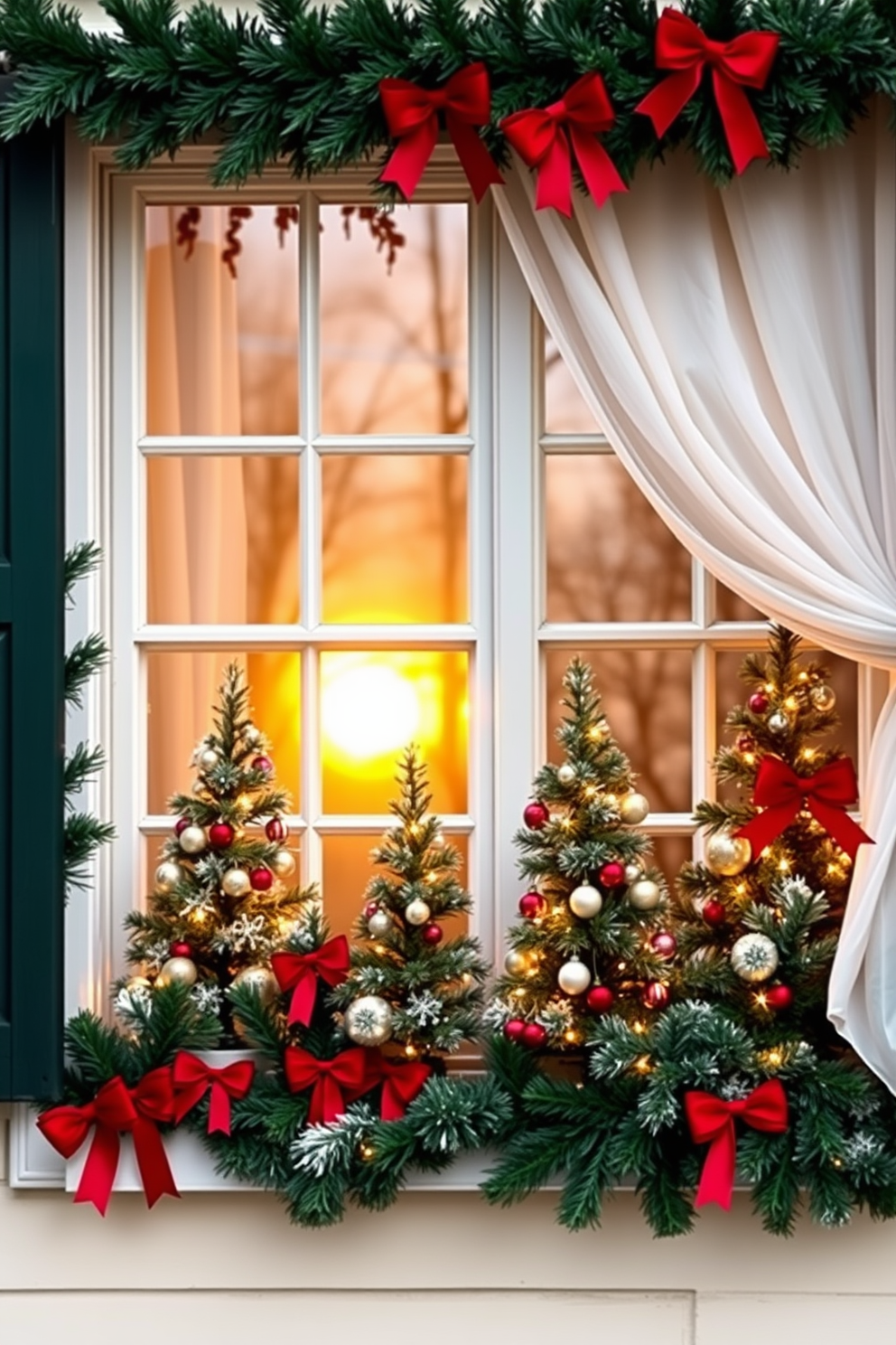 Mini Christmas trees adorn the window ledges creating a festive and cozy atmosphere. Each tree is decorated with twinkling lights and colorful ornaments that reflect the warm glow of the winter sun. The windows are framed with elegant garlands of greenery and red bows, enhancing the holiday spirit. Soft white curtains billow gently in the breeze, adding a touch of warmth to the cheerful display.