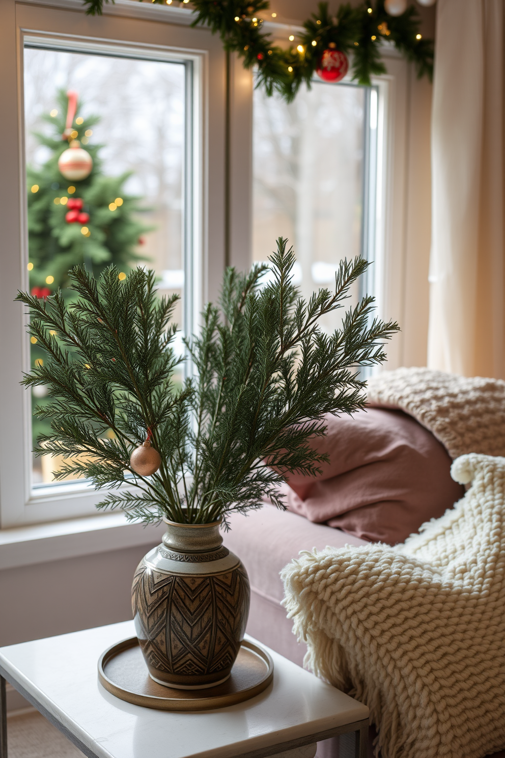 A cozy living room adorned with scented pine branches creates a fresh and inviting aroma. The window is beautifully decorated with twinkling fairy lights and festive ornaments, enhancing the holiday spirit. The pine branches are arranged in a decorative vase placed on a side table, filling the space with a natural fragrance. Soft, plush throws and pillows in seasonal colors add warmth and comfort to the room's ambiance.