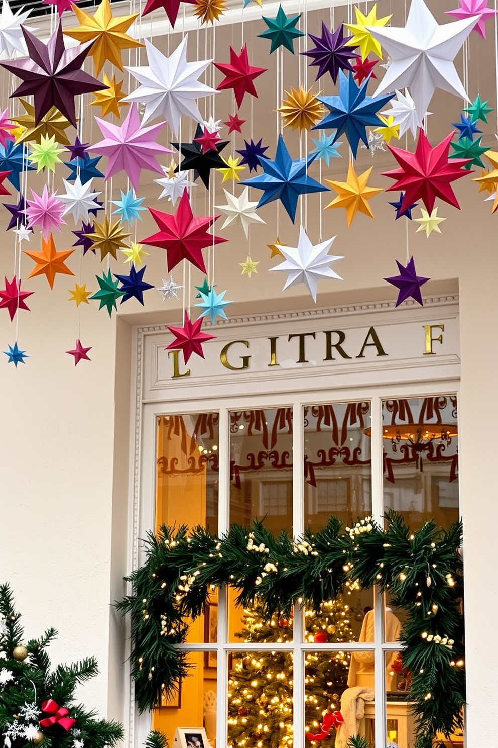 Colorful paper stars hang from above, creating a whimsical and festive atmosphere. Below, a beautifully decorated window showcases a cozy holiday scene with twinkling lights and garlands.