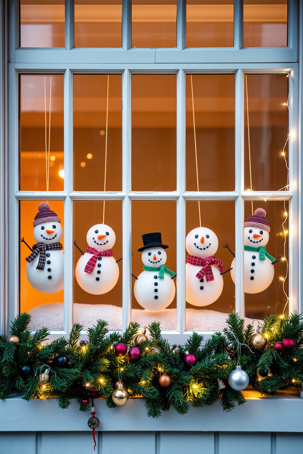 A charming display of DIY snowman decorations graces the window panes. Each snowman features a unique scarf and hat, bringing a playful touch to the winter scene. The window Christmas decorating ideas include twinkling fairy lights and evergreen garlands. Festive ornaments hang delicately, creating a warm and inviting holiday atmosphere.