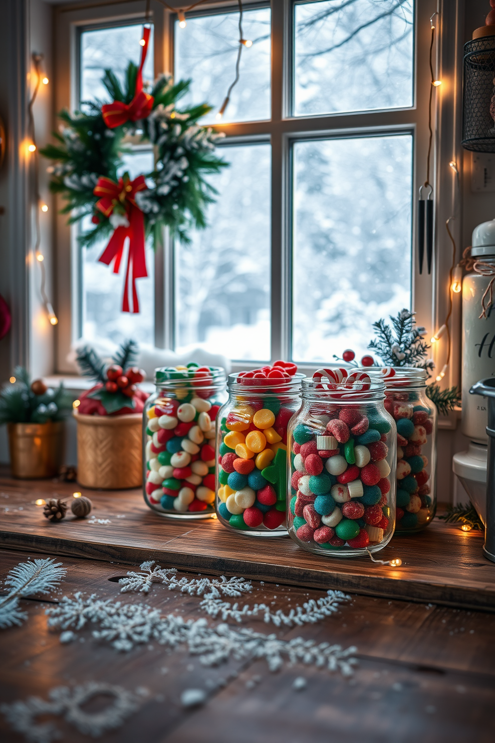 A cozy holiday kitchen scene featuring glass jars filled with colorful holiday treats. The jars are arranged on a rustic wooden countertop, surrounded by festive decorations and twinkling fairy lights. The window is adorned with a beautiful Christmas wreath and delicate string lights that add warmth to the space. Snow can be seen gently falling outside, creating a picturesque winter wonderland.